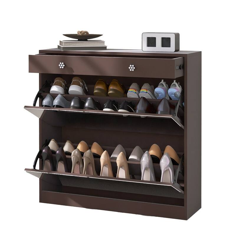 Mirrored Shoe Cabinet with Drawers - Space-Saving Entryway Organizer in Brown Finish
