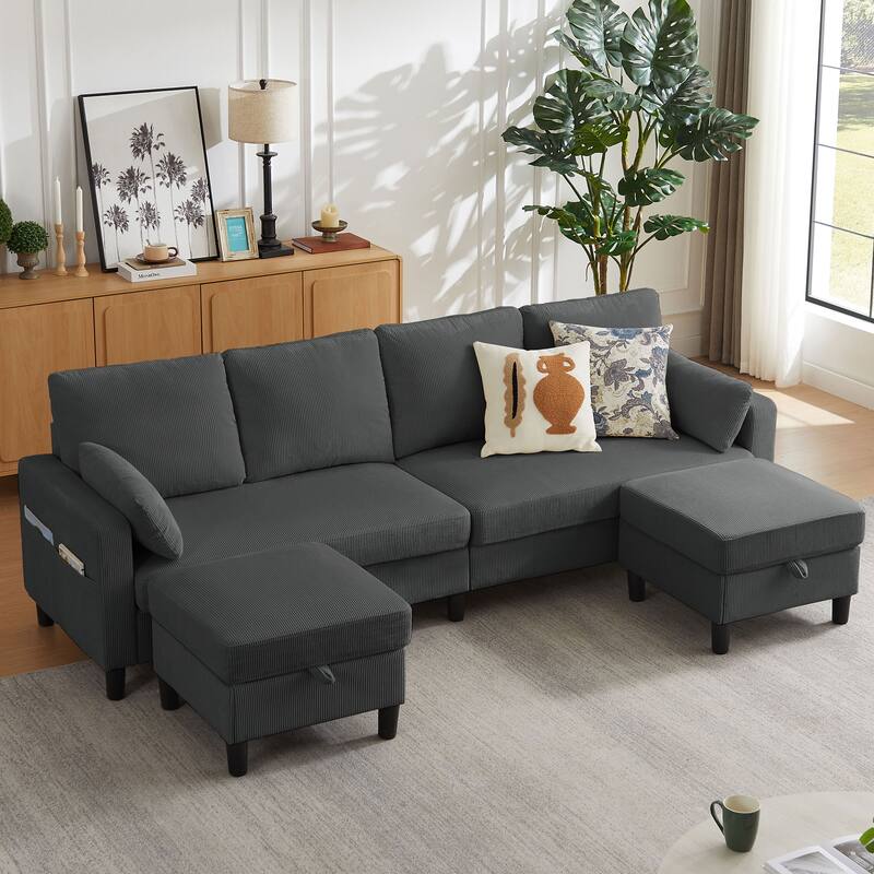 101" Corduroy U Shaped Sectional Sofa with Storage Ottoman