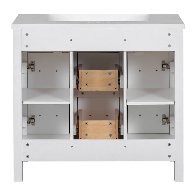 Bathroom Vanity Freestanding Cabinet with Resin Integrated Sink, 4 Drawers, 2 Cabinets, Solid Wood Frame and Adjustable Shelves