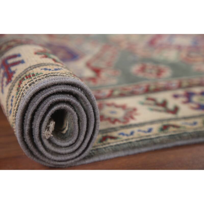 Hand Knotted Oriental 100% Wool Carpet Traditional Geometric Green Kazak Area Rug - 6' 3'' X 2' 9''