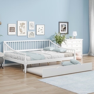 White Full Size Daybed Wood Bed Frame with Pull-Out Trundle Bed - Bed ...