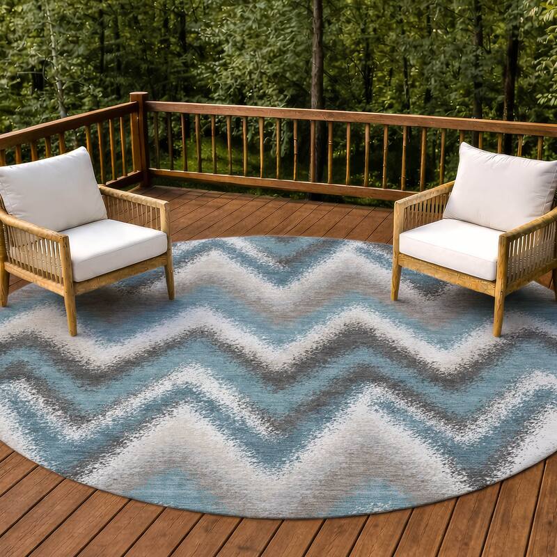 Machine Washable Indoor/ Outdoor Modern Chevron Chantille Rug - Teal - 8' x 8'