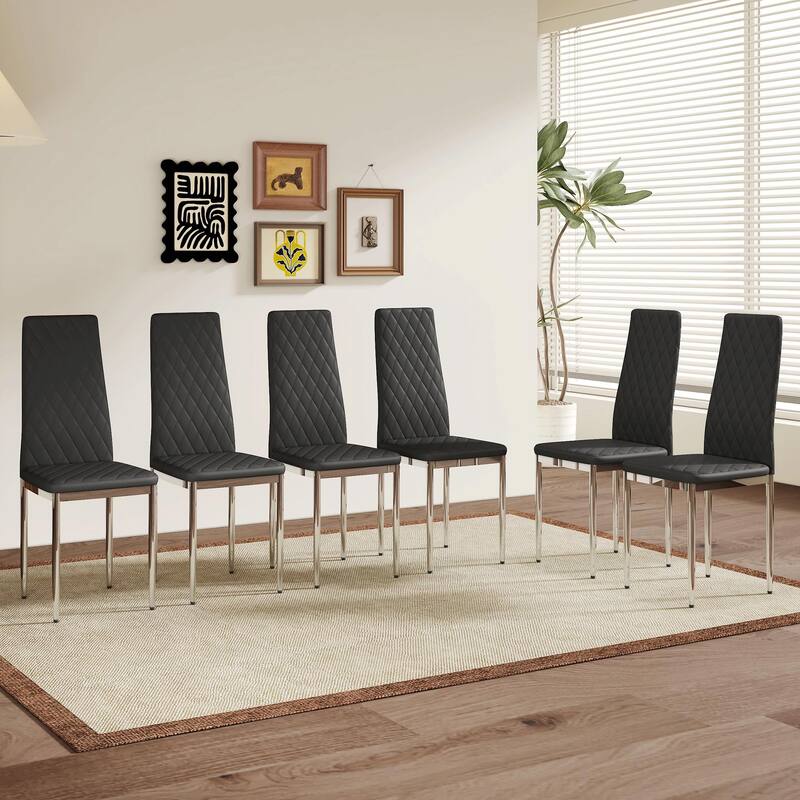 Modern Style Dining Chairs Set of 6, PU Material Seat, Silver Metal Legs - Black+Silver
