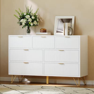 7-Drawer Dresser for Bedroom, 47.2" Wide Modern Wooden Chest with Gold Metal Legs & Handles