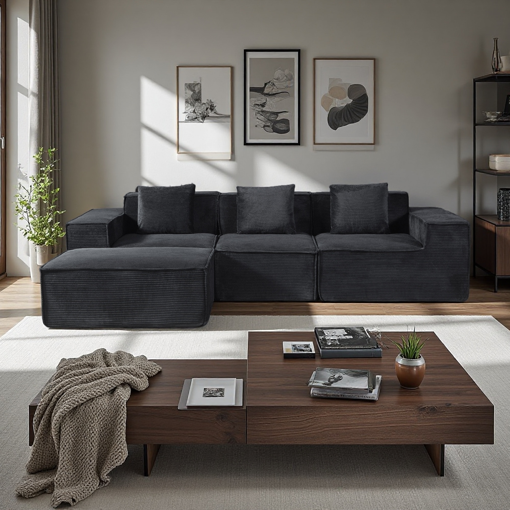 112.1" Corduroy Modular 4-Seat Sleeper Sectional Sofa with Ottoman & Pillows