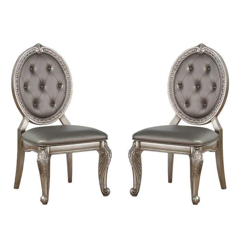 Set of 2 PU Upholstered Side Chairs in Antique Silver Finish - Antique Silver - Side Chair