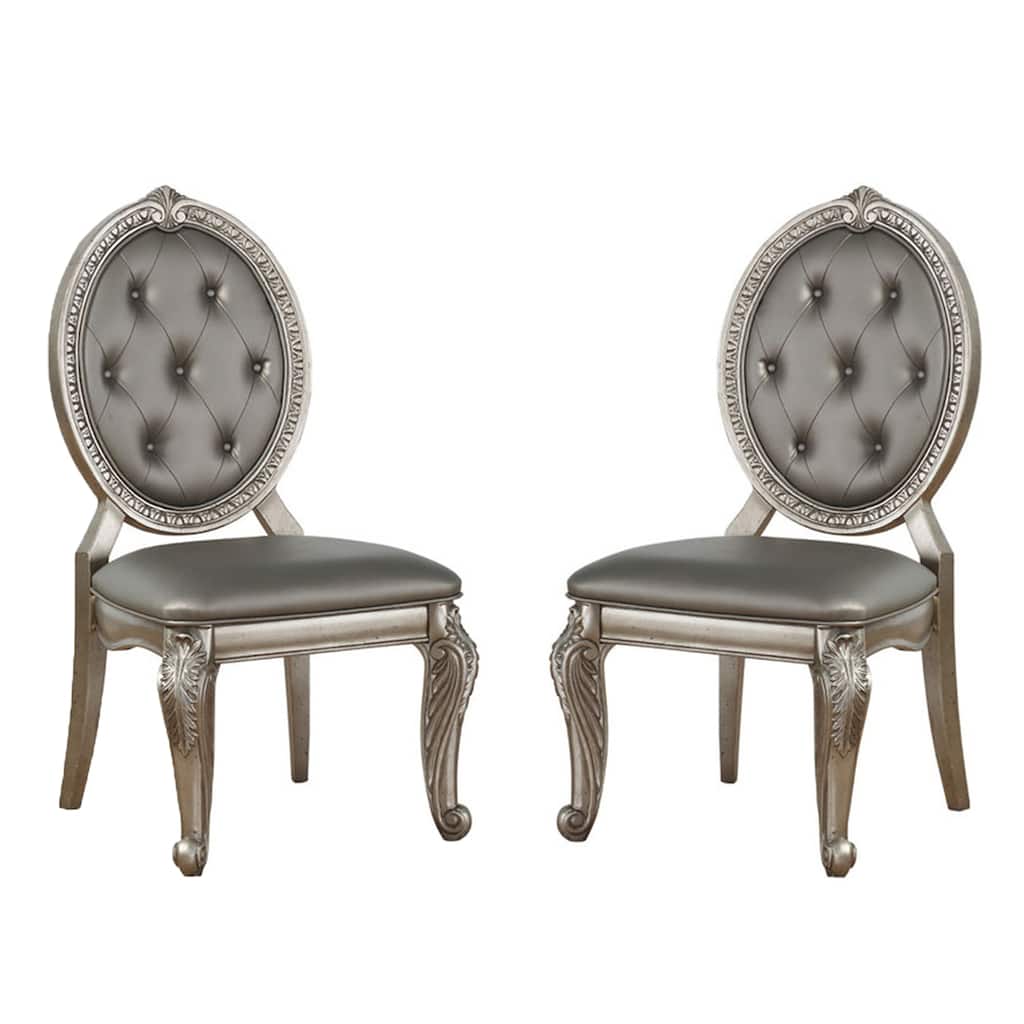 Set of 2 PU Upholstered Side Chairs in Antique Silver Finish - Antique Silver