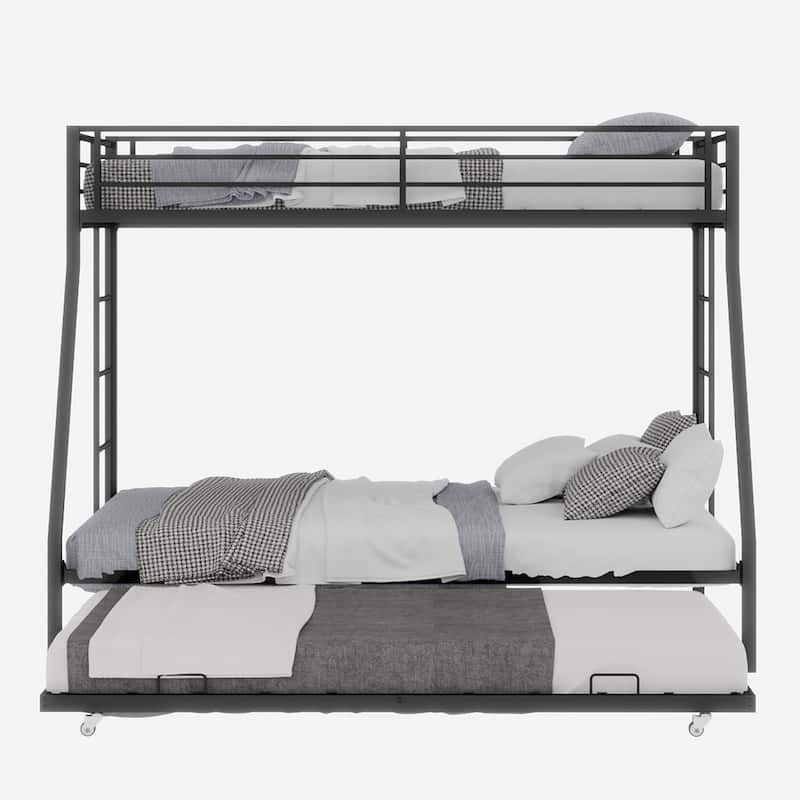 Modern Square Tube Bunk Bed with Ladder and Rolling Trundle Bed