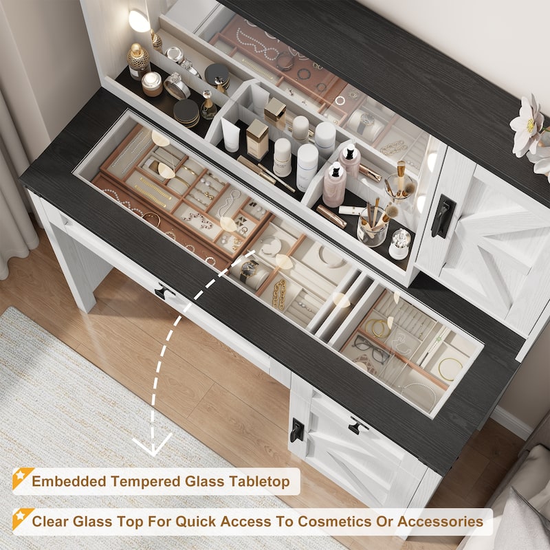 39.3" Farmhouse Makeup Vanity Desk with Mirror and LED Lights, Rustic Vanity Table