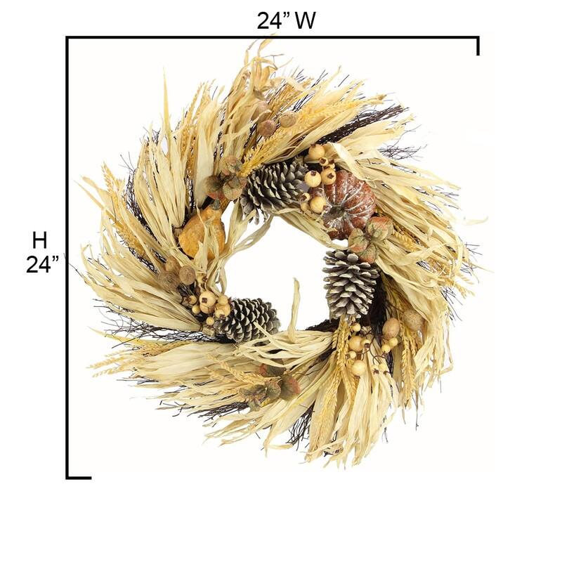 24" Artificial Pumpkin Wheat Berry Corn Husk Wreath