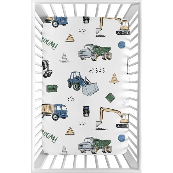 slide 2 of 6, Construction Truck Collection Baby Boy Fitted Mini Crib Sheet For Portable Crib - Grey Yellow Black Blue Green Transportation