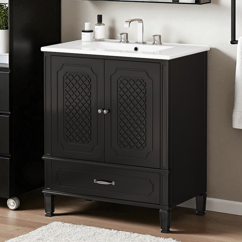 30'' Bathroom Vanity with Ceramic Sink, Solid Wood Frame, Storage Cabinet with Drawer, Door Shelf & Soft-Close Doors - Black