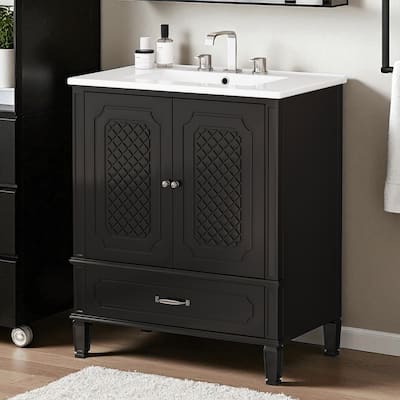 30'' Bathroom Vanity with Ceramic Sink, Solid Wood Frame, Storage Cabinet with Drawer, Door Shelf & Soft-Close Doors