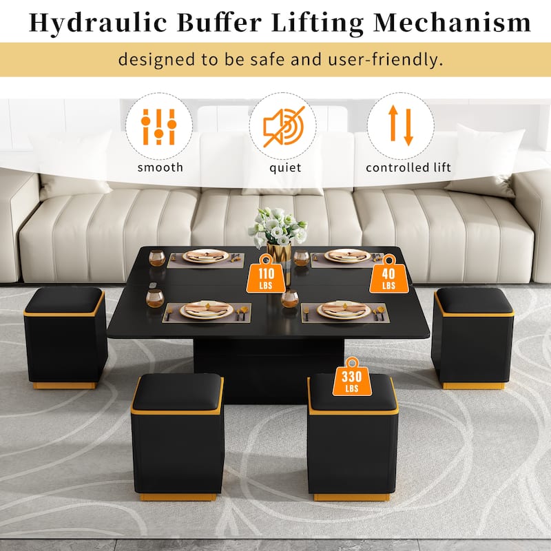 Lift-Top Coffee Table with 4 Storage Stools, Center Table with Foldable Top, Multi-Functional Adjustable Coffee Table