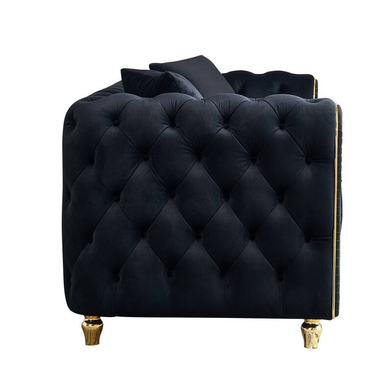 86'' Luxury Modern Tufted Black Velvet Sofa with 2 Toss Pillows