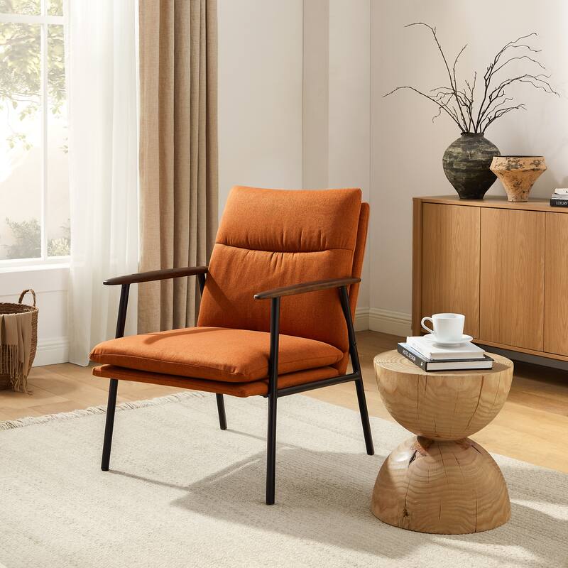 Minimalism Accent Side Chair with Metal Frame and Wooden Armrest - Caramel