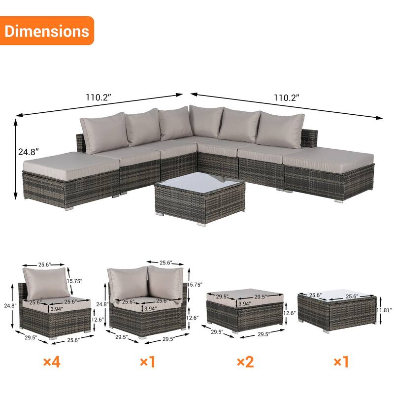 8-Piece Sectional Sofa Set with Washable Cushions & Glass Table
