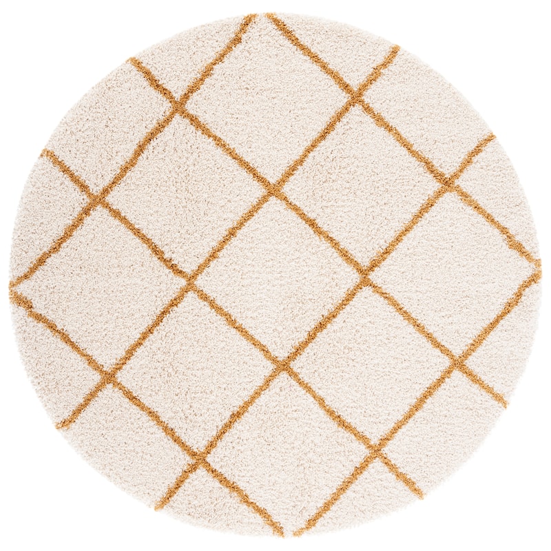 SAFAVIEH Hudson Shag Estella Diamond Trellis 2-inch Thick Rug - 7' x 7' Round - Ivory/Gold
