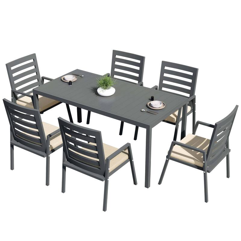 Chelsea 7-Piece Aluminum Outdoor Dining Set 78 in. Rectangular Table and 6 Dining Armchair w/ Cushions - N/A - Beige