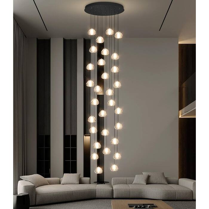 KAYLA 30-Lights Gold Modern Crystal Chandelier for Staircases, 157" Extra-Long Adjustable LED Ceiling Light