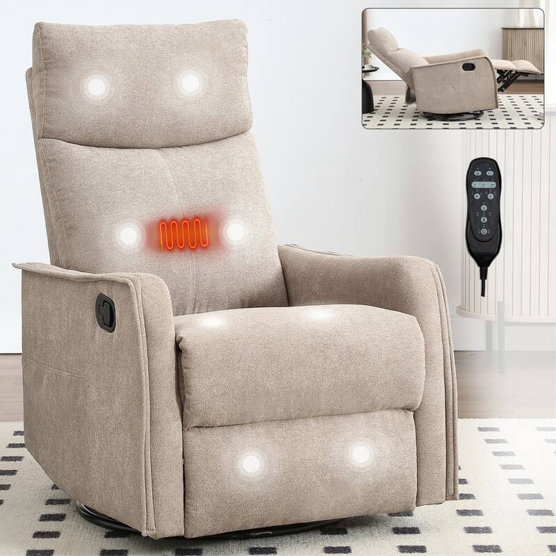 Heat Massage Manual Recliner Chair with Rocker and Swivel in Fabric for Living Room - khaki