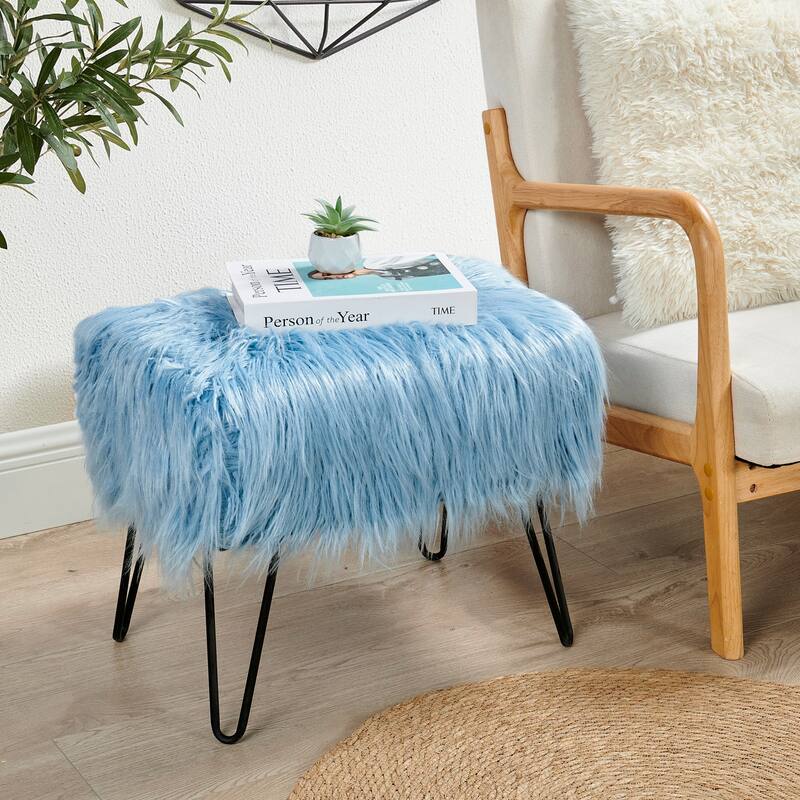 Mongolian Fauxfur Ottoman - 19"x 13"x17" - Forget Me Not