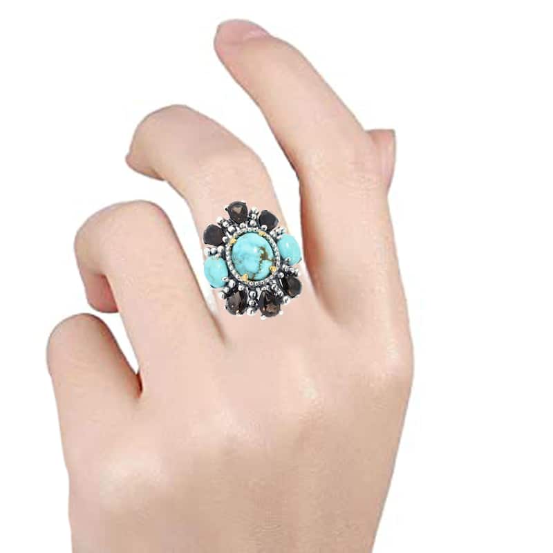 Sterling Silver 12 x 10mm Oval Cabochon & Gem Flower Ring