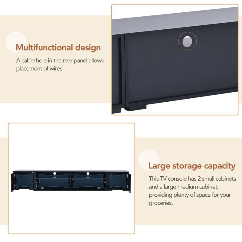 3-Piece Extended TV Stand with Color-Changing LED Lights - Rattan Style, Push-to-Open Doors, 82" Entertainment Center