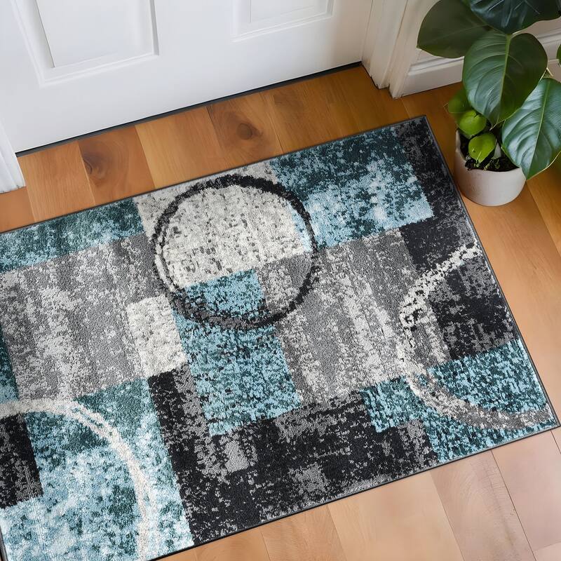 World Rug Gallery Abstract Polypropylene Machine-Made Circle Area Rug - 2' 7" x 4' - Blue/Grey