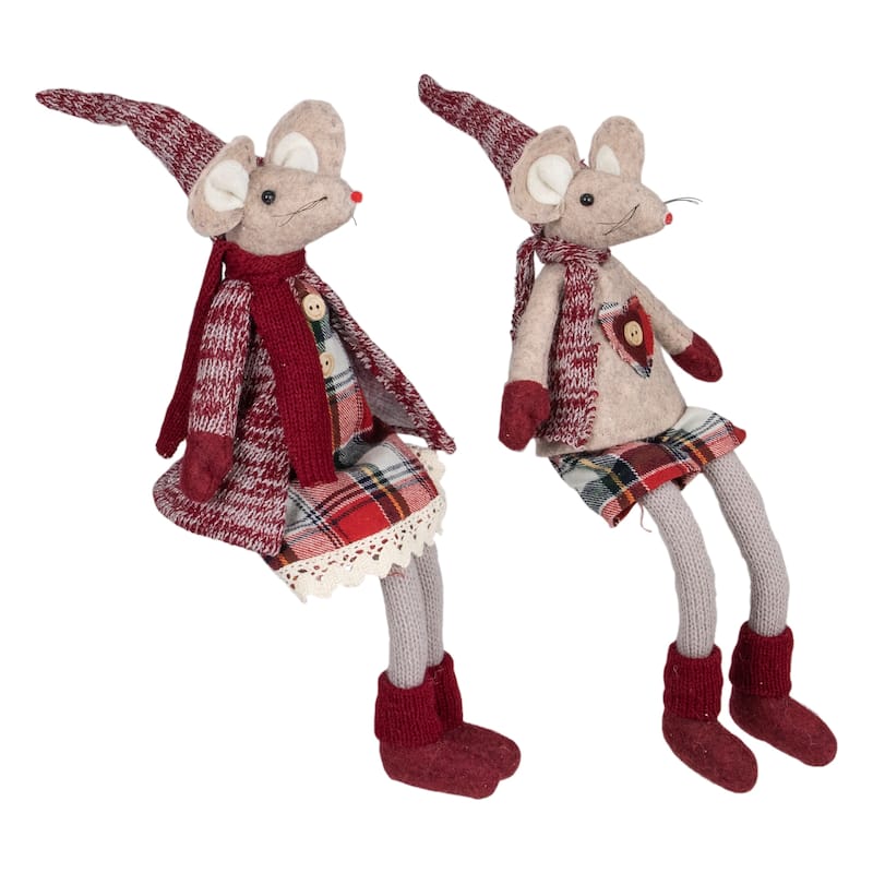 Set of 2 Boy and Girl Sitting Plush Christmas Mice Figures 16"