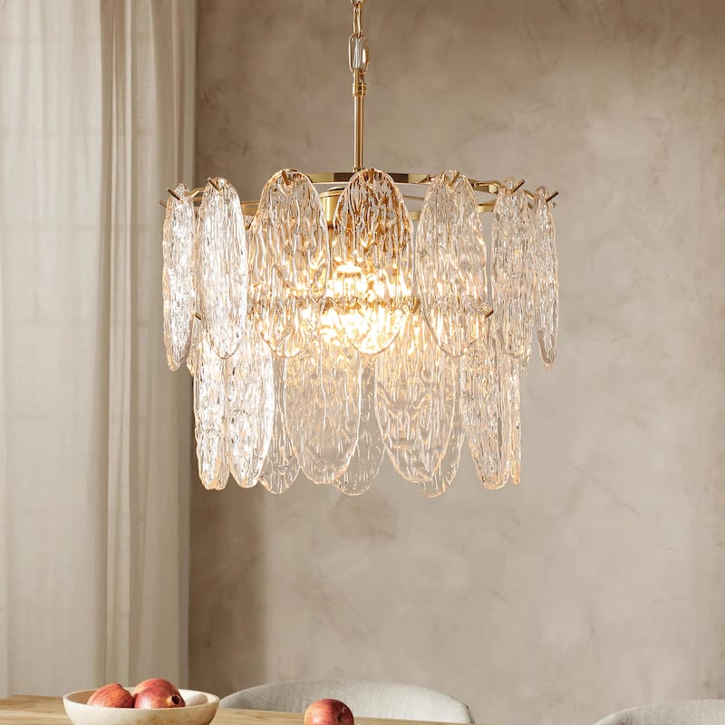 15.7" 2-Light Modern Luxury Gold Handmade Clear Textured Leaf-Shaped Glass Tiered Chandelier for Living Room, Dining Room