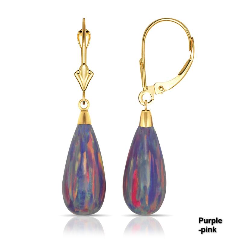 Curata 14K Yellow Gold Tear-drop Created Opal Dangle Leverback Earrings - Purple