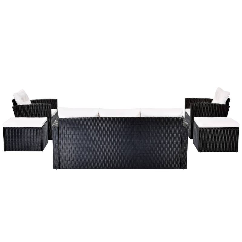 6-Pieces Outdoor Rattan Conversation Sofa Set with Coffee Table and 2 Ottoman