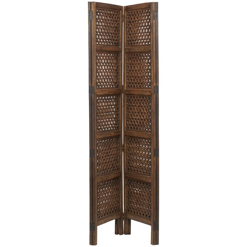 Wooden Floral Handmade Hinged Foldable 4 Panel Room Divider Screen with Intricately Carved Designs - Brown - Roche River Decor