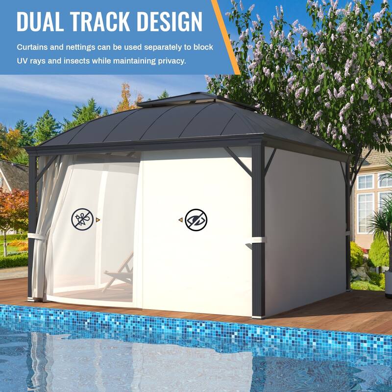 Waterproof Aluminum Gazebo w/ Double Roof & Netting - Patio, Garden Pergola
