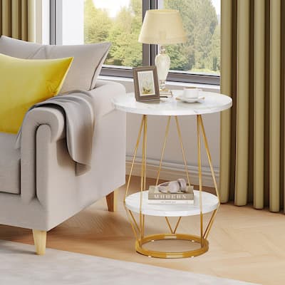 Moasis 2-Tier Round End Side Table Faux Marble Top for Living Room