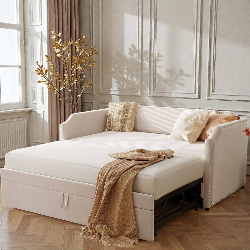 Twin Size Velvet Upholstered Daybed with Pop Up Trundle, 2-in-1 Sofa Bed for Guest Room or Kids Room