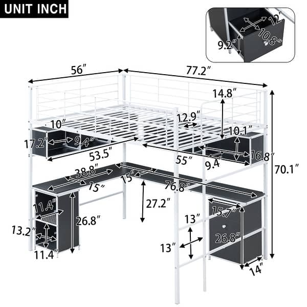 Full Size Metal Loft Bed with Bookcase, Desk, and Cabinet, White
