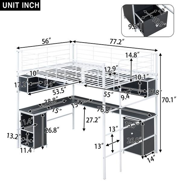 dimension image slide 1 of 2, Multi-Functional Design Metal Full Loft Bed with Bookcase, Desk and Cabinet, High-quality Material and Solid Construction, White