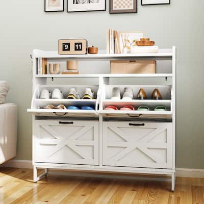 Moasis 24 Pairs Farmhouse Shoe Storage Cabinet 4 Flip Drawers Shoe Organizer