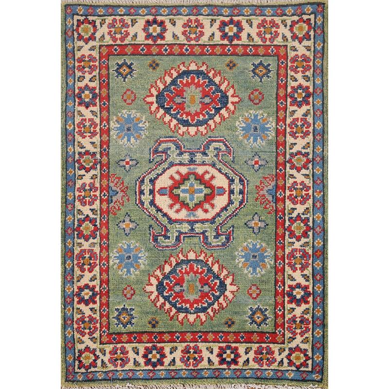 Green Geometric Kazak Oriental Foyer Rug Handmade Wool Carpet - 2'1" x 2'11"