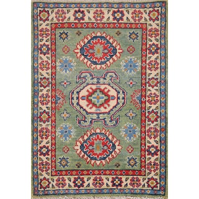Green Geometric Kazak Oriental Foyer Rug Handmade Wool Carpet - 2'1" x 2'11"