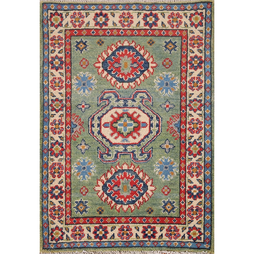 Green Geometric Kazak Oriental Foyer Rug Handmade Wool Carpet - 2'1" x 2'11"