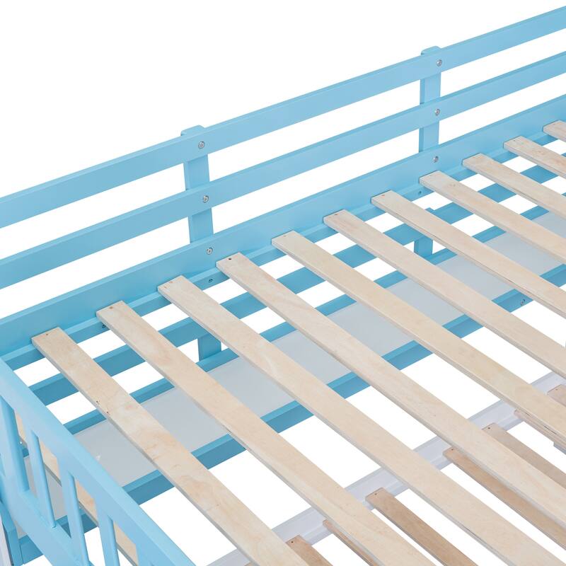 Bunk Bed Castle Playhouse Solid Wood Stairs Bed Frame with Storage Shelves & 2 Drawers, Children's Slide Bed with Guardrail