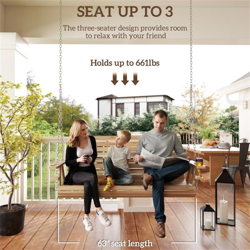 Fir and Pine Wood 3 Seater Outdoor Swing Chair with Cupholders Adjustable Chains for Patio Garden Deck - 63" W x 26.4" D x 24" H