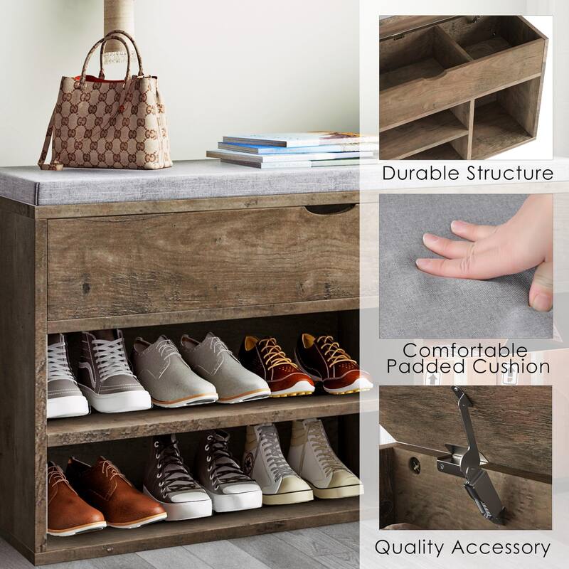 Shoe Storage Bench with a Cushioned Seat and 2 Tiers of Shelves