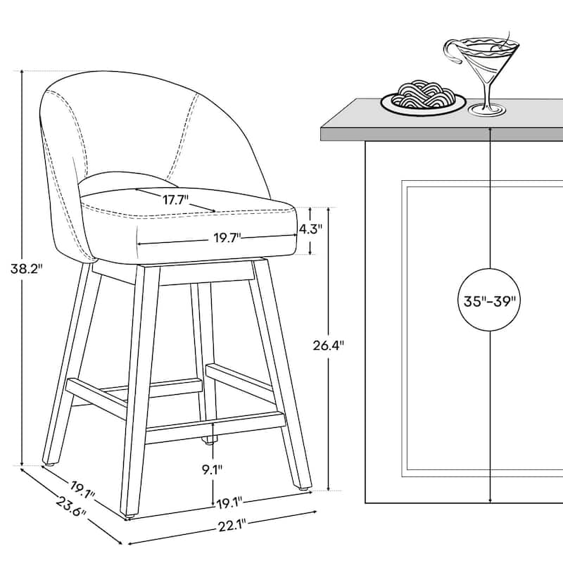 Upholstered Swivel Counter Height Bar Stools with Cutout Back and Solid Wood Frame - 38.2"H x 22.1"W x 23.6"D