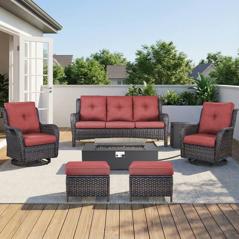 Pocassy Outdoor 7 Pieces Sofa Swivel Chair Ottoman with Fire Table - Brown Wicker Red Cushion - 7-Piece Sofa Swivel Chair Ottoman with Fire Table