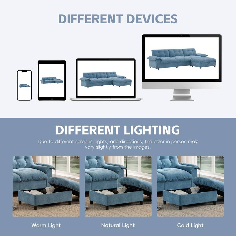 Chenille Tufted L-Shape Sectional Sofa with Storage Ottoman, Pockets and All-in-one Armrest with Dual-Port Charging, Cup Holder