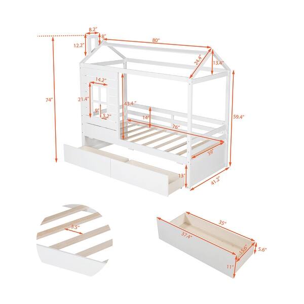 dimension image slide 2 of 3, House Bed Wood Bed with Two Drawers